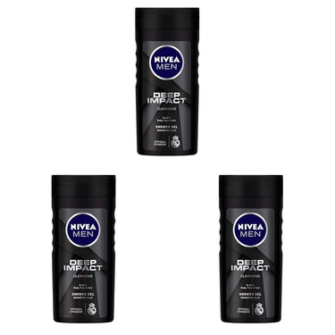 Nivea Men Body Wash, Deep Impact, 3 In 1 Shower Gel For Body, Face & Hair, With Microfine Clay, 250ml (Pack of 3)